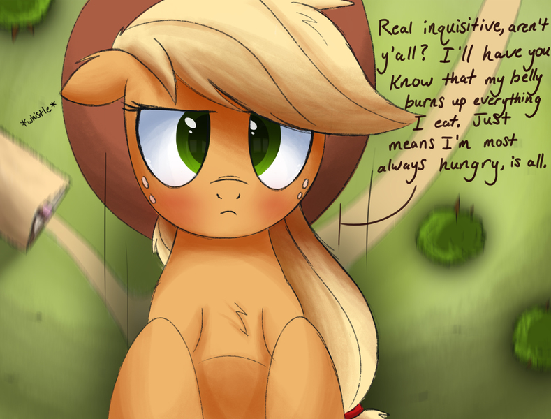 Size: 2420x1841 | Tagged: applejack, artist:ncmares, big-apple-pony, derpibooru import, dialogue, falling, floppy ears, frown, giantess, macro, safe, solo, toilet humor