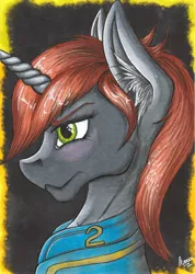 Size: 1538x2160 | Tagged: safe, artist:stirren, derpibooru import, oc, oc:littlepip, unofficial characters only, pony, unicorn, fallout equestria, fanfic, abstract background, blushing, clothes, ear fluff, fanfic art, female, horn, mare, portrait, solo, vault suit