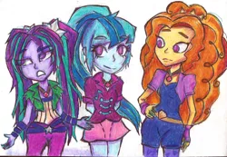 Size: 1125x780 | Tagged: safe, artist:sensaii, derpibooru import, adagio dazzle, aria blaze, sonata dusk, equestria girls, rainbow rocks, annoyed, cute, drawing, frown, looking at you, smiling, sonatabetes, the dazzlings, traditional art