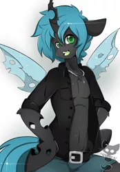 Size: 1201x1729 | Tagged: abs, anthro, arm hooves, artist:teranen, bare chest, belly button, chest fluff, clothes, colored pupils, derpibooru import, king metamorphosis, male, open clothes, open shirt, queen chrysalis, rule 63, safe, solo, topless