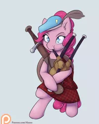Size: 1200x1500 | Tagged: safe, artist:alasou, deleted from derpibooru, derpibooru import, pinkie pie, pony, bagpipes, bipedal, clothes, hat, kilt, patreon, patreon logo, scottish, shield, simple background, solo, sword, weapon