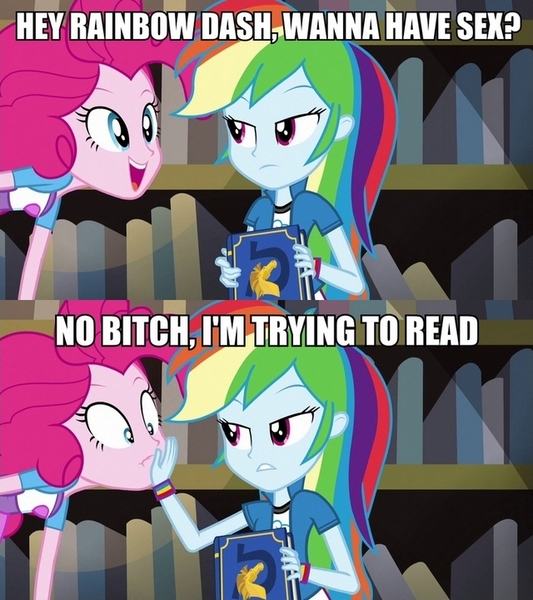 Size: 640x720 | Tagged: suggestive, derpibooru import, edit, edited screencap, screencap, pinkie pie, rainbow dash, equestria girls, friendship games, book, bookshelf, caption, denied, image macro, implied sex, meme, shipping denied, vulgar