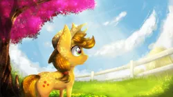 Size: 4000x2250 | Tagged: safe, artist:blackligerth, derpibooru import, applejack, pony, female, fence, mare, solo, straw, tree