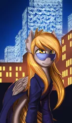 Size: 2769x4706 | Tagged: safe, artist:rublegun, derpibooru import, derpy hooves, pegasus, pony, city, clothes, coat, cyberpunk, female, folded wings, mare, solo, suit, sunglasses