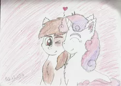 Size: 2202x1569 | Tagged: artist:operativenumbuh227, cute, derpibooru import, female, fluffy, heart, male, pipsqueak, safe, shipping, smiling, straight, sweetie belle, sweetiesqueak, traditional art