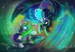 Size: 1024x704 | Tagged: safe, artist:mad munchkin, derpibooru import, nightmare moon, oc, oc:mad munchkin, alicorn, earth pony, pony, duo, female, magic, mare, open mouth, sword, watermark, weapon