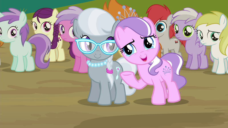 Size: 1280x720 | Tagged: background pony, boysenberry, derpibooru import, diamond tiara, gallop j. fry, glasses, lemon daze, liza doolots, petunia, pinkie feather, safe, screencap, silver spoon, sweet pop, tootsie flute, train tracks (character), twilight time