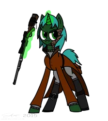 Size: 600x672 | Tagged: artist:derpanater, boots, derpibooru import, digital art, duster, fallout equestria, female, glare, green coat, green eyes, hunting rifle, magic, oc, oc:bountiful heart, safe, scar, short mane, telekinesis, unofficial characters only