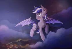 Size: 1600x1088 | Tagged: safe, artist:saxopi, derpibooru import, oc, oc:daturea eventide, unofficial characters only, bat pony, pony, city, cityscape, cloud, flying, night, solo