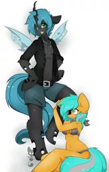 Size: 2227x3500 | Tagged: safe, artist:teranen, derpibooru import, queen chrysalis, oc, oc:swargey, anthro, abs, arm hooves, bare chest, belly button, canon x oc, chest fluff, clothes, colored pupils, king metamorphosis, male, open clothes, open shirt, rule 63, shipping, topless