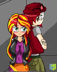 Size: 1024x1303 | Tagged: safe, artist:neutralchilean, derpibooru import, sunset shimmer, oc, oc:hyper active, equestria girls, blushing, breasts, busty sunset shimmer, canon x oc, female, humanized, male, shipping, straight