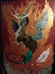 Size: 720x960 | Tagged: derpibooru import, discord, irl, larp, painting, photo, safe, shield, traditional art