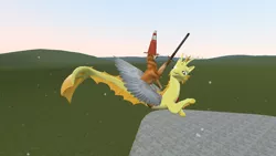 Size: 1024x576 | Tagged: 3d, adagio dazzle, artist:horsesplease, derpibooru import, doge, gmod, oc, oc:sir benjamin, riding, safe, siren, sword, traffic cone, wat, weapon, wings