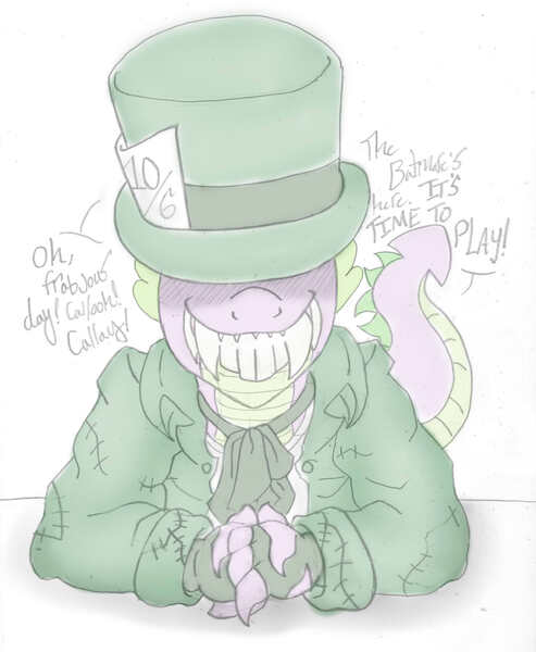 Size: 1661x2021 | Tagged: arkham knight, artist:blackbewhite2k7, batman, crossover, derpibooru import, hat, jervis tetch, mad hatter, parody, safe, season of infamy, sketch, solo, spike, teeth, top hat, wip