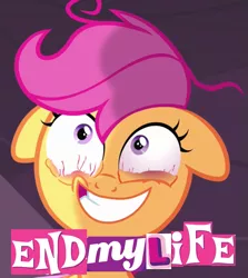 Size: 585x657 | Tagged: bloodshot eyes, derpibooru import, end my life, expand dong, exploitable meme, faic, image macro, meme, reaction image, safe, scootaloo, screencap, sleepless in ponyville, solo