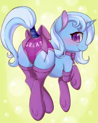 Size: 2000x2500 | Tagged: suggestive, alternate version, artist:fearingfun, derpibooru import, trixie, pony, unicorn, art pack:the clop book, adorasexy, art pack, choker, clothes, crotch bulge, cute, diatrixes, female, looking at you, looking back, mare, panties, plot, sexy, smiling, socks, solo, solo female, tail wrap, thigh highs, underhoof, underwear