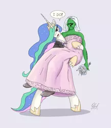 Size: 1100x1267 | Tagged: safe, artist:bgf, derpibooru import, princess celestia, oc, oc:anon, human, pony, annoyed, anonlestia, anonymous, bipedal, bridal carry, carrying, clothes, crossdressing, crown, dialogue, dress, female, flower, hair over one eye, jewelry, looking at you, male, marriage, open mouth, regalia, reversed gender roles equestria, reversed gender roles equestria general, shoes, simple background, smug, straight, suit, suitlestia, tuxedo, unamused, wedding, wedding dress, white background