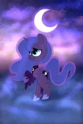 Size: 1024x1536 | Tagged: artist:pinipy, beautiful, chibi, crescent moon, dark, dark sky, derpibooru import, lineless, minimal, moon, night, princess luna, raised hoof, safe, scenery, sky, solo, stars