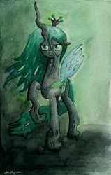 Size: 1024x1611 | Tagged: artist:nokills-clan196, changeling, changeling queen, derpibooru import, female, queen chrysalis, raised hoof, safe, solo, traditional art, watercolor painting, watermark