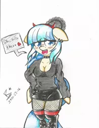 Size: 1700x2181 | Tagged: anthro, arm hooves, artist:lmlstaticdash, bipedal, coco pommel, derpibooru import, dialogue, female, floppy ears, semi-anthro, sexy, solo, solo female, suggestive, traditional art