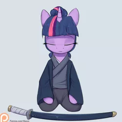 Size: 1498x1498 | Tagged: alternate hairstyle, anthro, artist:alasou, clothes, derpibooru import, eyes closed, katana, kneeling, patreon, patreon logo, robe, safe, samurai, simple background, solo, sword, twilight sparkle, weapon