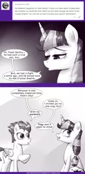 Size: 740x1501 | Tagged: suggestive, artist:deusexequus, derpibooru import, flash sentry, twilight sparkle, twilight sparkle (alicorn), alicorn, pony, ask the princess of friendship with benefits, angry, ask, comic, dialogue, female, implied orgy, mare, monochrome, open mouth, raised hoof, speech bubble, tumblr