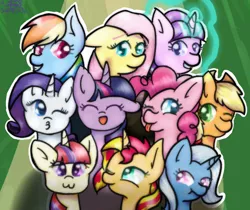 Size: 1696x1425 | Tagged: safe, artist:mioumi-kiwaii, derpibooru import, applejack, fluttershy, moondancer, pinkie pie, rainbow dash, rarity, starlight glimmer, sunset shimmer, trixie, twilight sparkle, twilight sparkle (alicorn), alicorn, pony, :3, :d, :p, :t, counterparts, duckface, eyes closed, female, floppy ears, glasses, grin, happy, looking at you, magical quintet, magical sextet, mane six, mare, open mouth, smiling, tongue out, twilight's counterparts, wink