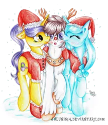 Size: 1280x1489 | Tagged: safe, artist:julunis14, derpibooru import, oc, oc:glace, oc:luxor, oc:tulipan, unofficial characters only, earth pony, pony, blushing, christmas, definitely not shipping, hat, kiss on the cheek, kiss sandwich, kissing, luxorian trio, reindeer costume, santa hat, snow