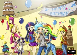 Size: 2936x2126 | Tagged: applejack, artist:ryured, blood, clothes, commission, derpibooru import, fluttershy, human, humanized, human spike, legs, lifting, mane seven, mane six, nosebleed, oc, oc:frost star, pinkie pie, rainbow dash, rarity, safe, schrödinger's pantsu, skirt, skirt lift, sleeveless turtleneck, spike, sweater, sweatershy, thighs, turtleneck, twilight sparkle, upskirt