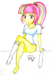 Size: 586x850 | Tagged: safe, artist:suicidemachine363, derpibooru import, sour sweet, equestria girls, friendship games, ass, barefoot, butt, clothes, feet, legs, looking at you, panties, ponytail, socks, solo, sour seat, underwear