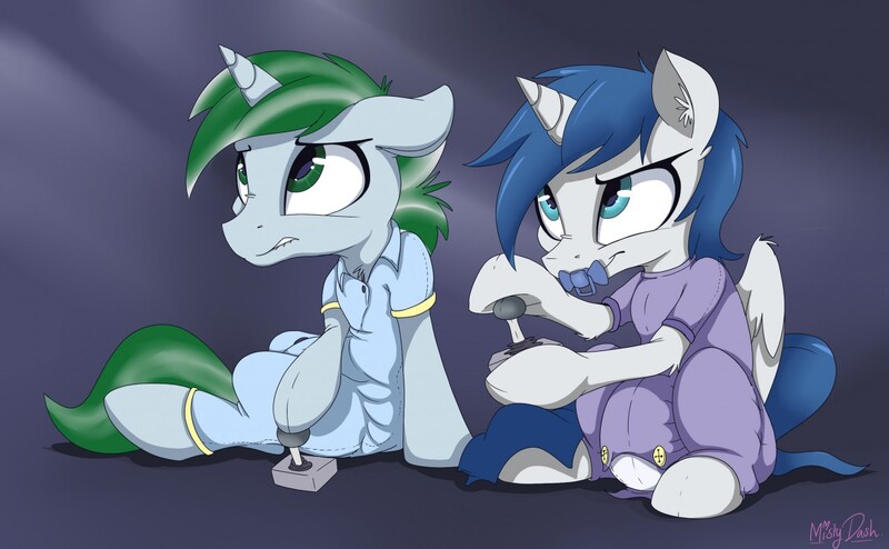 Size: 1280x791 | Tagged: questionable, artist:mistydash, derpibooru import, oc, oc:mint leaf, oc:prince nova, unofficial characters only, alicorn, pony, adult foal, alicorn oc, commission, cute, diaper, diaper fetish, gaming, onesie, pacifier, poofy diaper