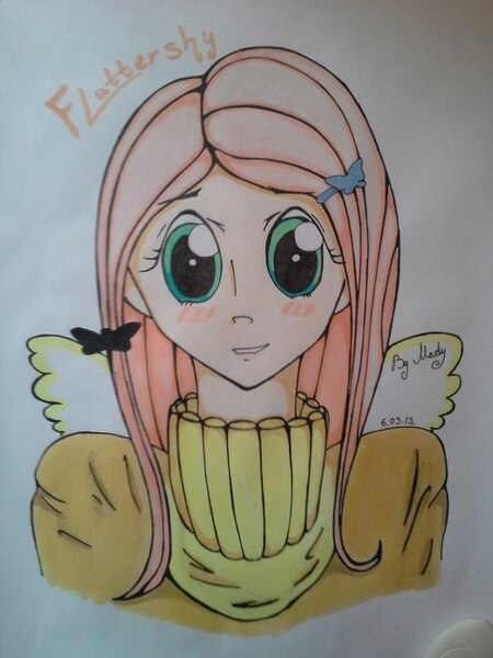 Size: 768x1024 | Tagged: artist:mady, barrette, blushing, clothes, derpibooru import, fluttershy, human, humanized, safe, solo, sweater, sweatershy, traditional art