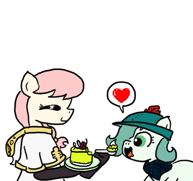 Size: 640x600 | Tagged: safe, artist:ficficponyfic, color edit, derpibooru import, edit, oc, oc:emerald jewel, oc:hope blossoms, unofficial characters only, earth pony, pony, colt quest, cake, cake slice, child, clothes, color, colored, colt, cute, female, foal, food, happy, hat, heart, hungry, male, mare, plate, spoon, young