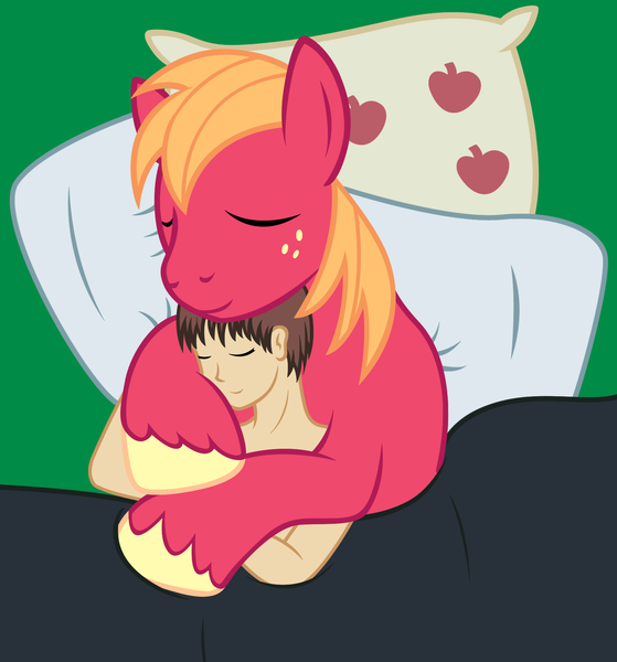 Size: 1608x1726 | Tagged: safe, artist:badumsquish, derpibooru import, big macintosh, oc, oc:generic messy hair anime anon, earth pony, human, pony, bed, cuddling, cute, eyes closed, gay, hug, human male, human on pony snuggling, male, pillow, pony on human action, smiling, snuggling, stallion, stallion on human male, story included