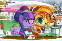 Size: 1500x1000 | Tagged: safe, artist:berrypawnch, derpibooru import, sci-twi, spike, spike the regular dog, sunset shimmer, twilight sparkle, ponified, dog, pony, unicorn, equestria girls, bench, berrypawnch is trying to murder us, burger, chibi, clothes, cute, dragon dog spike, equestria girls ponified, female, food, force field, gem, glasses, hat, hnnng, in-n-out, jacket, lesbian, neon, park, scarf, scitwishimmer, shimmerbetes, shipping, snow, snowfall, snowflake, snowpony, sunsetsparkle, top hat, trash can, twiabetes, unicorn sci-twi