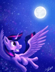 Size: 2300x3000 | Tagged: safe, artist:coco-flame, derpibooru import, twilight sparkle, twilight sparkle (alicorn), alicorn, pony, female, flying, full moon, looking up, mare, moon, night, smiling, solo, spread wings, stars