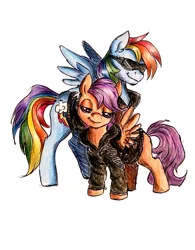 Size: 544x697 | Tagged: safe, artist:buttersprinkle, derpibooru import, rainbow dash, scootaloo, clothes, colored pencil drawing, duo, looking at you, sunglasses, traditional art