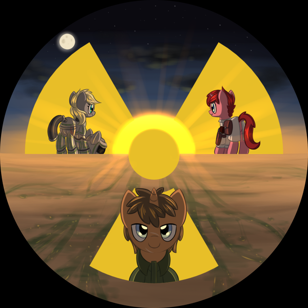 Size: 1024x1024 | Tagged: armor, artist:rangelost, c:, cover art, cute, derpibooru import, desert, fallout equestria, fallout equestria: transient, fanfic, fanfic art, fanfic cover, gun, icetivity, lidded eyes, moon, oc, oc:icepick, oc:permittivity, oc:rosetta, powered exoskeleton, saddle bag, safe, smiling, sun, sunset, unofficial characters only, weapon