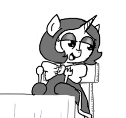 Size: 640x600 | Tagged: safe, artist:ficficponyfic, derpibooru import, oc, oc:joyride, unofficial characters only, pony, unicorn, colt quest, adult, bowtie, chair, female, fork, horn, mage, mare, smiling, spoon, story included, table, tablecloth