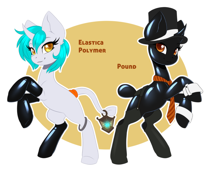 Size: 1161x950 | Tagged: safe, artist:peridotkitty, derpibooru import, oc, oc:elastica polymer, oc:pound, unofficial characters only, latex pony, original species, clothes, commission, hat, image, latex, latex socks, latex under clothes, necktie, png, socks