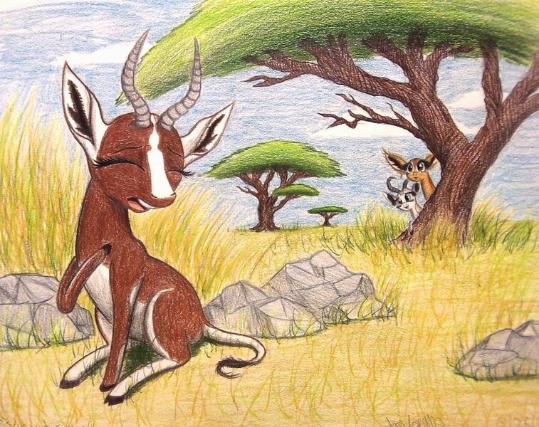 Size: 1004x796 | Tagged: acacia tree, africa, animal in mlp form, antelope, artist:thefriendlyelephant, bontebok, derpibooru import, gerenuk, horns, long muzzle, oc, oc:kweli masozi, oc:mmiri, oc:nuk, rock, safe, savanna, singing, springbok, tall grass, traditional art, tree, trio, unofficial characters only