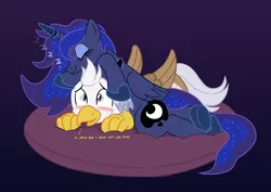 Size: 1250x884 | Tagged: alicorn, artist:caroo, black background, classical hippogriff, cute, derpibooru import, hippogriff, horn sleeve, oc, oc:silver quill, pillow, princess luna, safe, simple background, snuggling