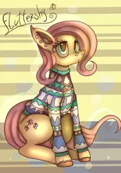 Size: 980x1392 | Tagged: artist:mariogamesandenemies, clothes, cyan eyes, derpibooru import, digital art, ear piercing, fluttershy, looking at you, multicolored sweater, piercing, pink hair, pink mane, pink tail, safe, short mane, sitting, solo, stripped background, sweater, sweatershy, yellow coat