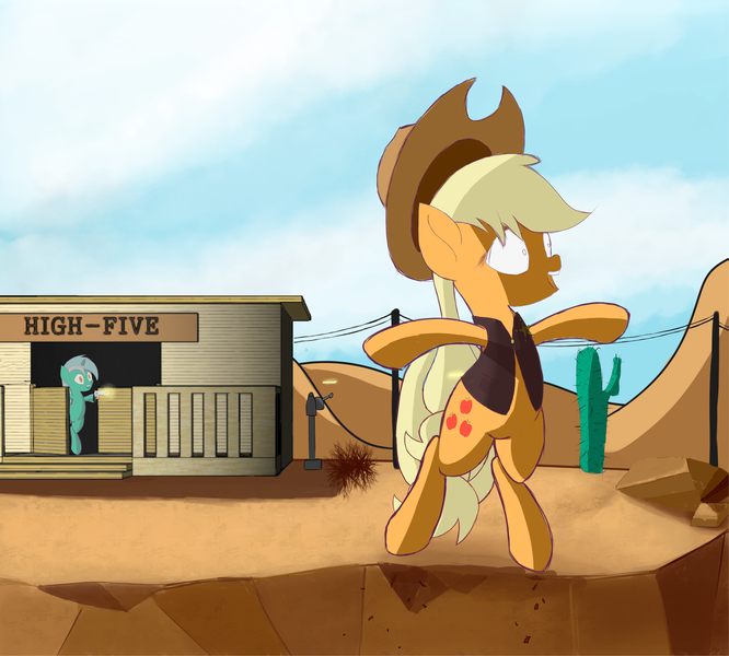 Size: 1925x1733 | Tagged: applejack, artist:ritorical, bar, cactus, cliff, cowboy, cowboy hat, derpibooru import, desert, gun, hat, imminent death, lyra heartstrings, murder, power line, semi-grimdark, sheriff, sheriffjack, shooting, weapon