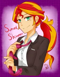 Size: 705x905 | Tagged: safe, artist:aka-ryuga, derpibooru import, sunset shimmer, equestria girls, alternate universe, business suit, clothes, cute, fixing, looking at you, necktie, ponytail, shimmerbetes, smiling, solo, suit