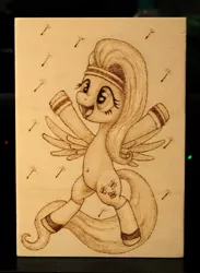 Size: 1280x1745 | Tagged: artist:horseez, belly button, derpibooru import, fluttershy, pyrography, safe, solo, woodwork