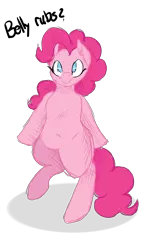 Size: 4000x6048 | Tagged: safe, artist:lisa400, derpibooru import, pinkie pie, pony, semi-anthro, absurd resolution, belly, belly button, bellyrubs, bipedal, bronybait, cute, dialogue, diapinkes, looking at you, plump, pudgy pie, raised hoof, simple background, sketch, smiling, solo, transparent background, wide hips