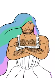 Size: 826x1169 | Tagged: safe, artist:darkhestur, derpibooru import, princess celestia, human, beard, clothes, crossdressing, dress, hairy chest, humanized, male, muscles, princess travestia, simple background, solo, white background