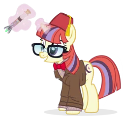 Size: 1024x983 | Tagged: artist:pixelkitties, clothes, cosplay, costume, cute, dancerbetes, derpibooru import, doctor who, eleventh doctor, fez, grin, hat, levitation, magic, moondancer, safe, simple background, solo, sonic screwdriver, telekinesis, transparent background