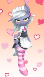 Size: 692x1200 | Tagged: safe, artist:hashioaryut, derpibooru import, limestone pie, pony, bipedal, blushing, clothes, cute, gradient background, heart, limabetes, limetsun pie, looking at you, maid, socks, solo, striped socks, tsundere